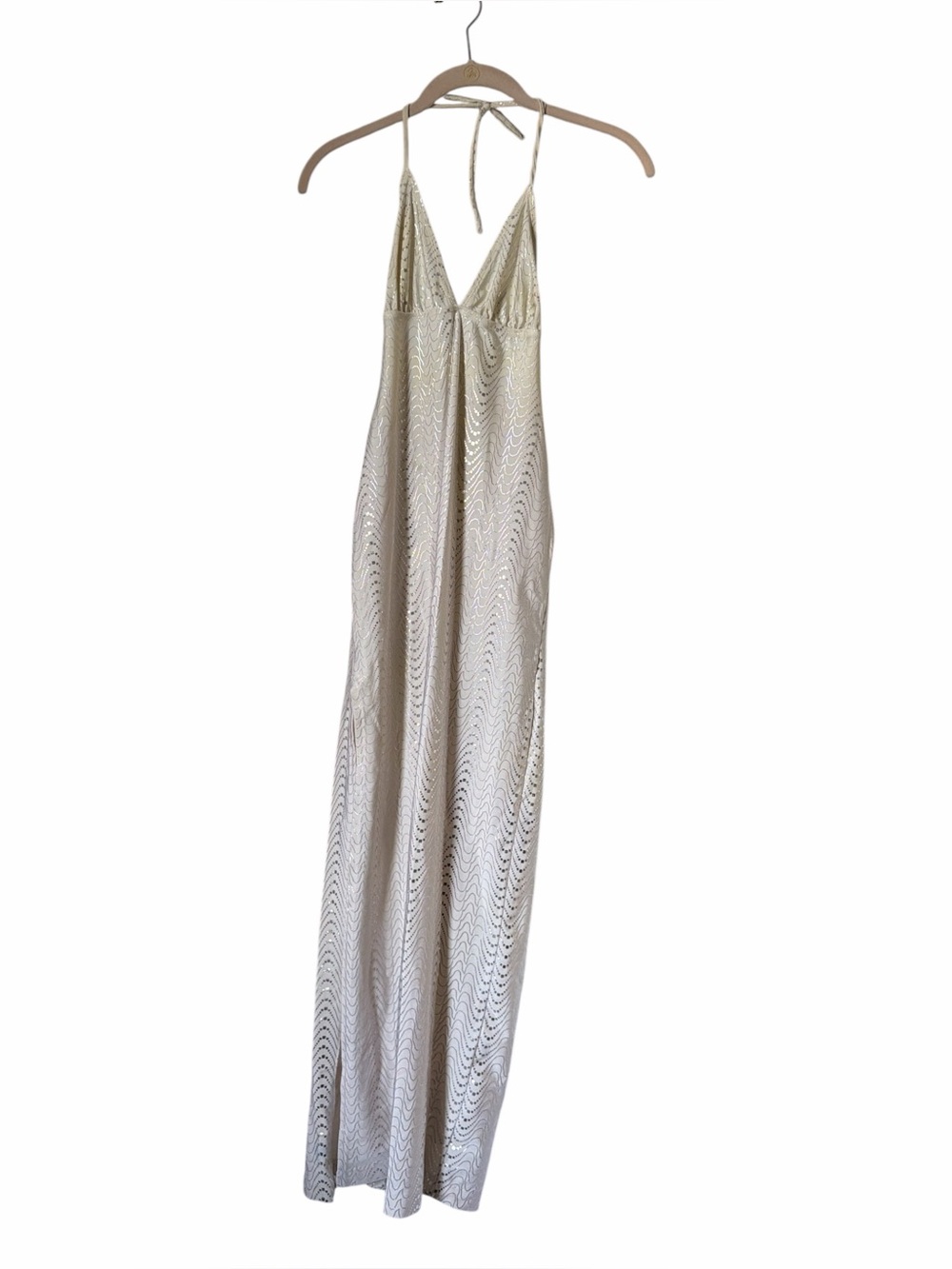 Y2K White & Silver Halter Fitted Bodycon Maxi Dress Swimsuit Material